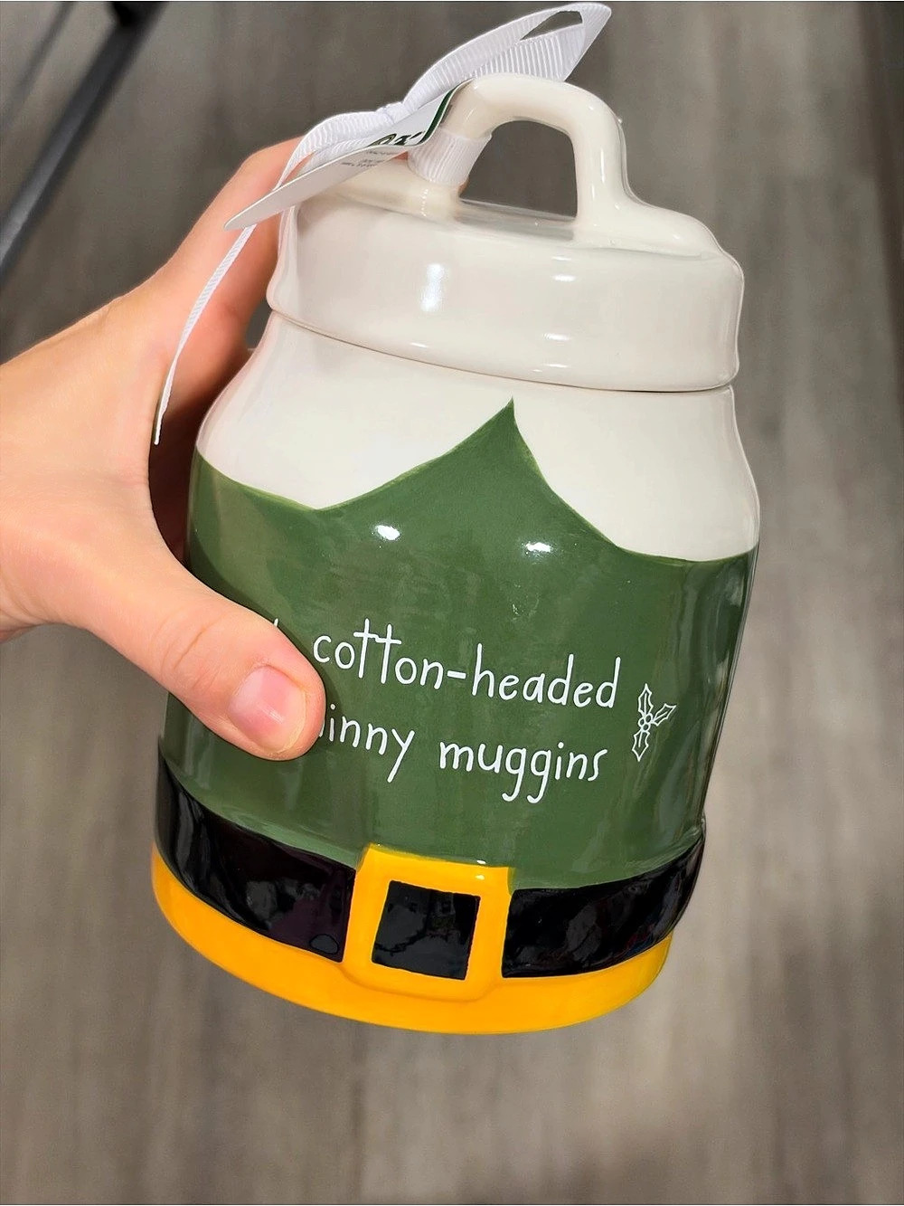 Rae Dunn Cotton-Headed Ninny Muggins Green & White canister